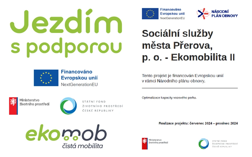 Jezdím s podporou – Sociální služby města Přerova, p. o. – Ekomobilita II. Financováno Evropskou unií v rámci Národního plánu obnovy.